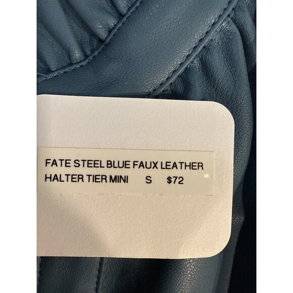 Fate Halter Tier Mini Faux Leather Ruffled Dress Steel Blue Size Small, NWT - Picture 5 of 8